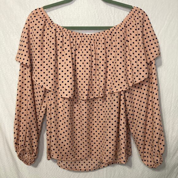 Women's Size Large Polka Dot Blouse with frilled off the shoulder neckline - Picture 2 of 8